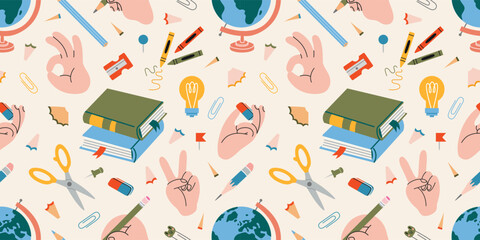Seamless education themed pattern with school supplies, hand gestures, books and globe. Trendy modern vector illustration on light background, hand drawn, flat design