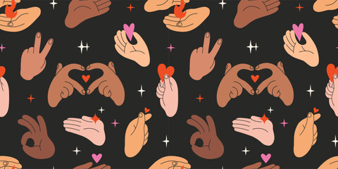 Inclusive vector seamless pattern with hands of different skin tones. Love and gratitude gestures with hearts on a black background. Diversity, mutual understanding, unity and togetherness concept