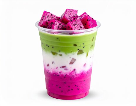 Dragonfruit iced matcha latte, pink summer drink, plastic cup