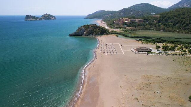 Aerial view of beautiful beach and river, Ortaca, Mugla, Turkey.