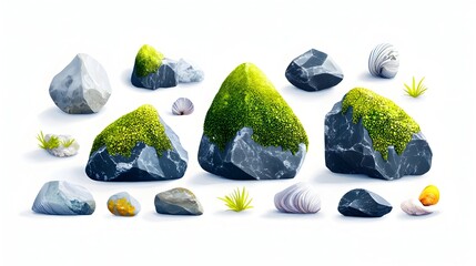 Mossy rocks, shells, grass; isolated; nature design elements