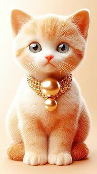 Ginger kitten wearing a golden pearl necklace sitting calmly on a soft beige background, slowly turning head, blinking eyes, and gently swishing tail. Studio light, photorealistic.