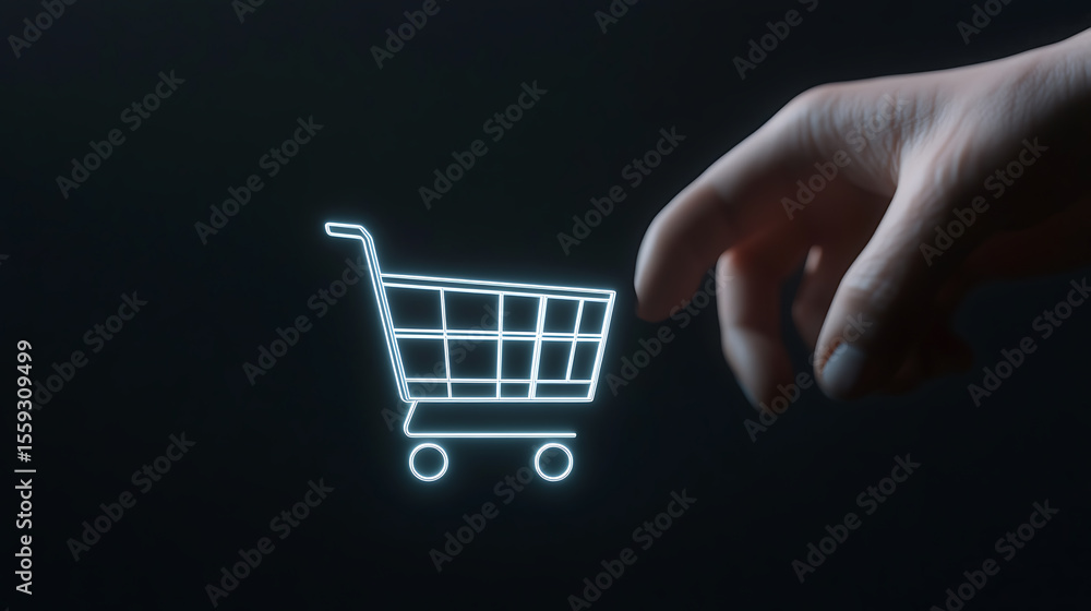 Poster glowing shopping cart icon with a hand reaching towards it. digital commerce or online shopping conc