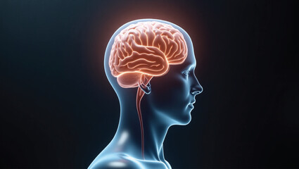 The brain in the human head symbolizes mental health and brain power. The brain is highlighted in red inside the transparent head on a blue background.