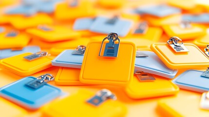 Orange blue square tags pile, event registration, blurred background