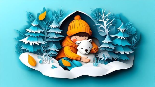 Child hugging arctic fox, winter scene, paper art, holiday card