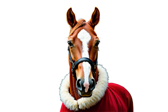 Portrait of a red horse in a red blanket on a black background. Symbol of 2026. Png. AI generative.