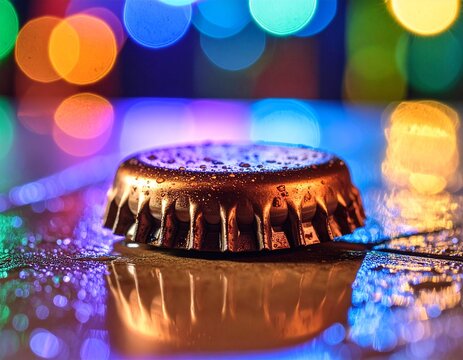 Metallic Beer Cap: A close-up shot of a beer cap with shimmering metallic texture, beads of water, and an artistic bokeh background. A captivating image of simple elegance