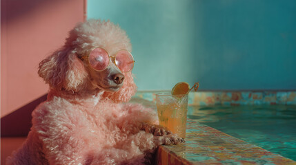 pink poodle in sunglasses sitting on the edge of a pool drinking a cocktail