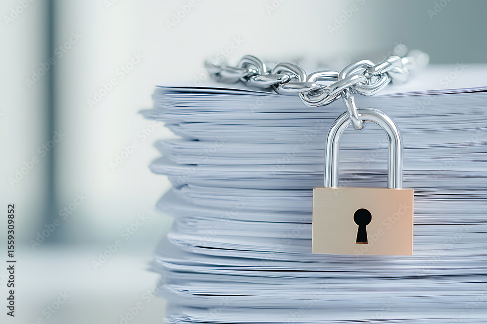 Poster a stack of documents is secured with a metal chain and padlock, symbolizing data protection and info