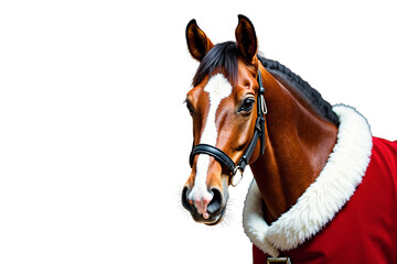 Obraz premium Red horse in a red cape imitating Santa Claus clothes. There is a bridle on the muzzle. Png. AI generative.