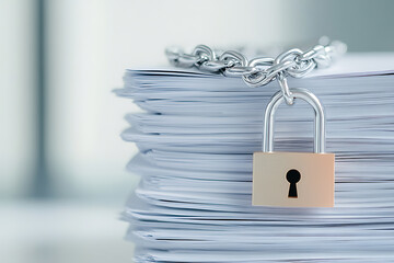 A stack of documents is secured with a metal chain and padlock, symbolizing data protection and information security in a bright, modern office setting.