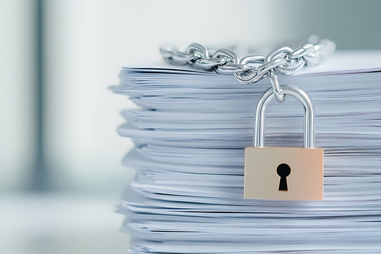 A stack of documents is secured with a metal chain and padlock, symbolizing data protection and information security in a bright, modern office setting.