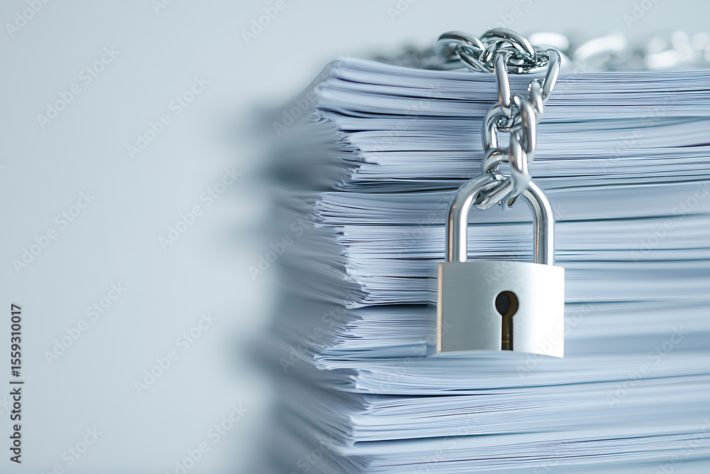 Poster locked documents: secure file access with padlock and chain on a stack of papers, symbolizing data s