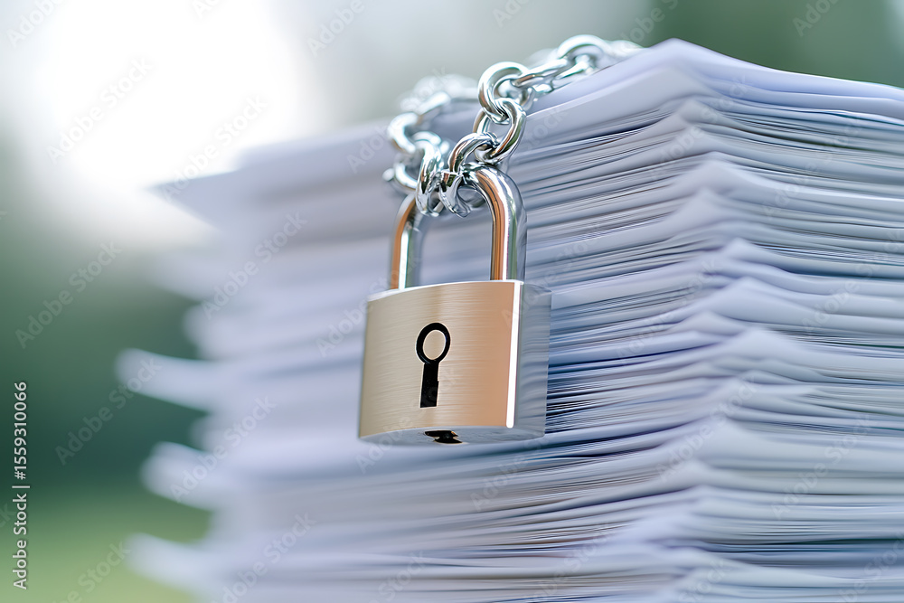 Poster locked documents: a stack of papers is secured with a padlock and chain, symbolizing data protection