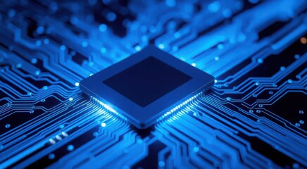 Close up of a glowing blue circuit board with a central processor chip