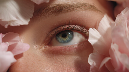 Woman, close up of one blue eye with pink flower petals