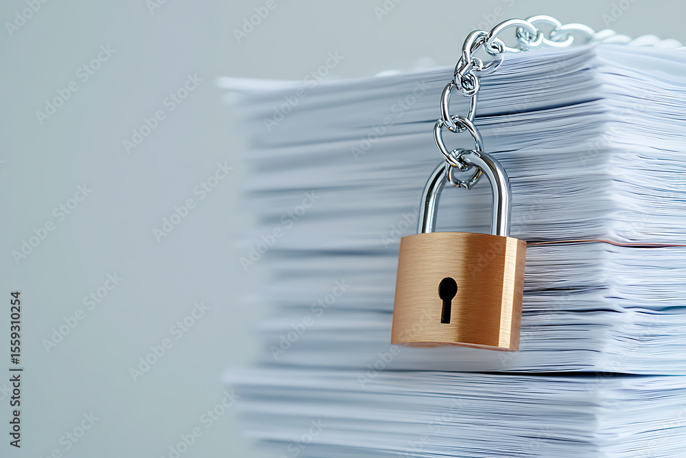 Poster secured documents: a stack of papers is locked with a padlock and chain, emphasizing the protection 