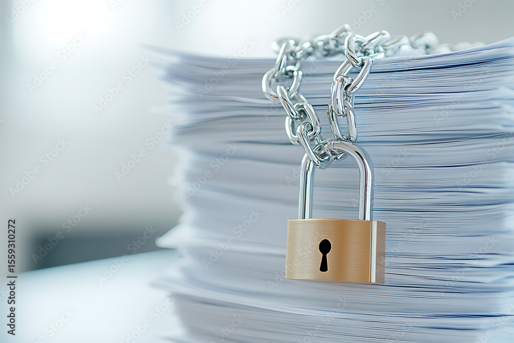 Poster secured documents: a high stack of paperwork is bound by a metal chain and padlock, symbolizing info