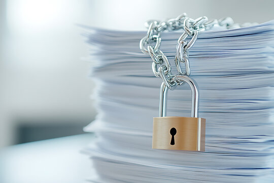 Secured Documents: A high stack of paperwork is bound by a metal chain and padlock, symbolizing information security and data protection concepts.