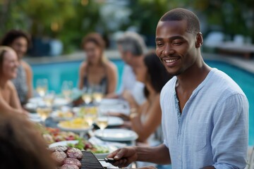 African male grilling at outdoor celebration by pool with diverse group