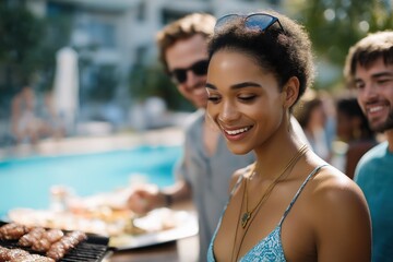 Smiling african female grilling at poolside summer bbq gathering with friends
