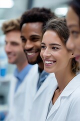 Diverse young scientists in laboratory smiling together
