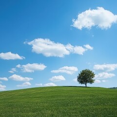 Fototapeta premium Green hill lone tree blue sky