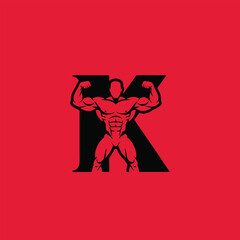 Letter K Logo with Muscular Bodybuilder Silhouette on Red Background
