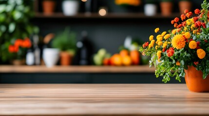 Autumn flowers kitchen table, fall harvest background