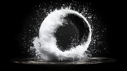 Black and white liquid sphere splashing, dark background, abstract art
