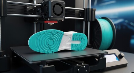 A 3D printer with a printed object made of plastic - shoe sole, on the background of additive manufacturing and modernity