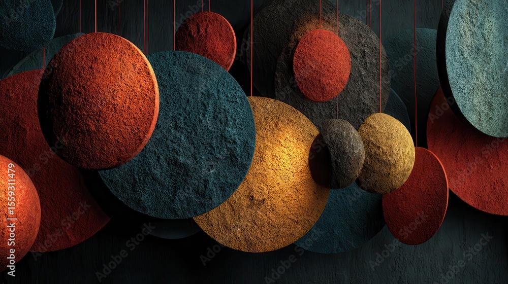 Poster Hanging circular textured shapes in shades of red, orange, yellow and blue create a unique and colorful abstract design