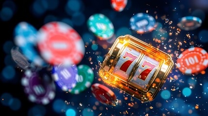 Casino slot jackpot win, chips flying, dark background, gambling