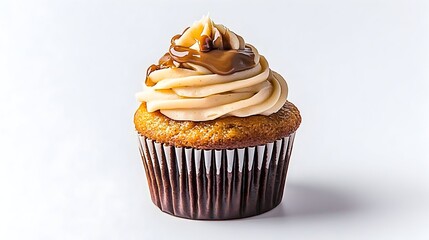 Caramel-frosted cupcake, studio shot, white background, dessert