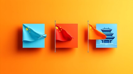 Chinese flags, temple, orange background, design element