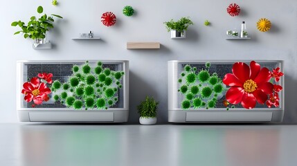 Clean air purifier, home, germs, flowers,  before-after, health,  illustration