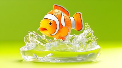Clownfish jumping, water splash, green background, aquarium