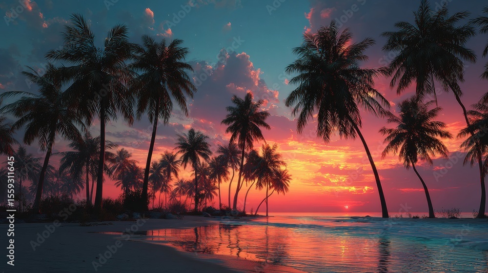 Poster sunset reflection on ocean waves with silhouetted palm trees in tropical paradise