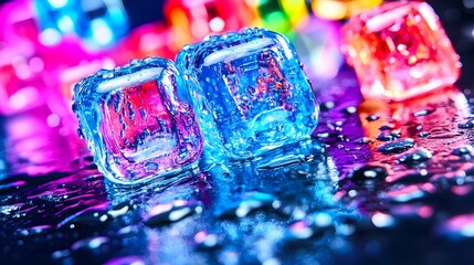 Colorful ice cubes, wet surface, neon background, drink cooler