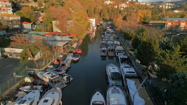 Aerial view of canal and boats in autumn, Turkey.