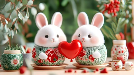 Cute bunnies holding heart, garden setting, Valentine's card