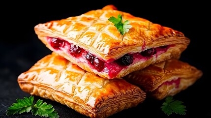 Delicious cranberry pastries, dark background, close-up, food photography