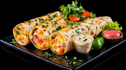 Delicious veggie wraps, studio shot, black background, menu use