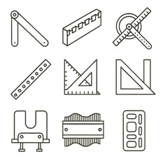 Fototapeta premium Line Style Measuring Tools. Line style icons of measuring templates and jigs: angle template, dovetail jig, circle cutter guide,