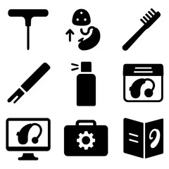Hearing Aid Maintenance Icons. Solid style icons of hearing aid maintenance: battery change tool, dome replacement guide, brush