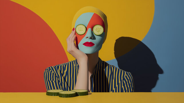 portrait of woman in yellow swim cap with red and blue face paint, cucumber eyes, and striped shirt, set against bold abstract shapes in a playful pop art style - Powered by Adobe