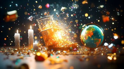 Exploding champagne toast, global celebration, confetti, candles