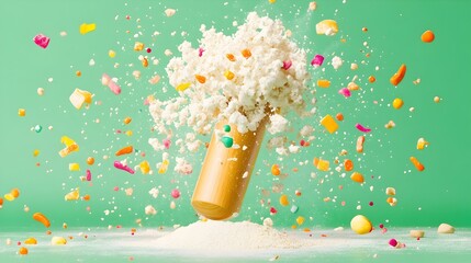 Exploding popcorn canister, colorful sprinkles, green background, food advertising