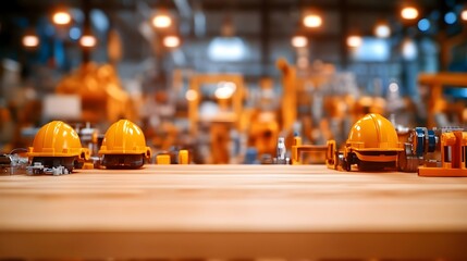 Factory safety Hard hats on wood, blurred machinery